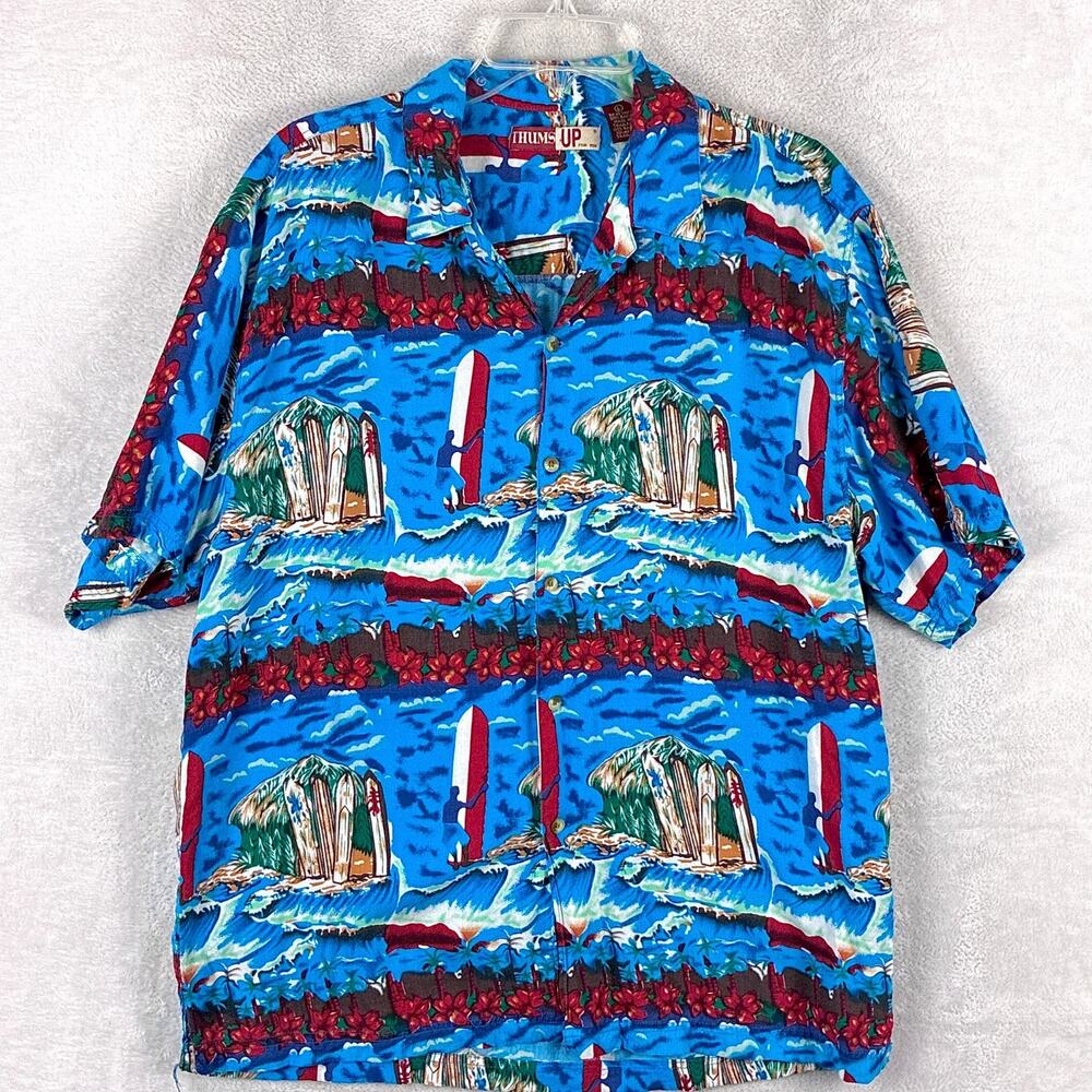 VTG Thums Up Hawaiian Shirt Mens L Blue Surf AOP Rayon Preppy Beach Aloha 80s